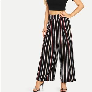 Fold Pleat Belted Striped Palazzo Pants